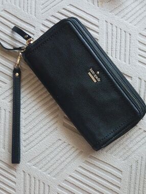 kate spade Black Leather Zip-Around Wristlet Wallet with Gold Logo